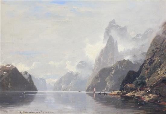 Georg Anton Rasmussen (1842-1914) Cottages alongside a fjord 12 x 17.5in.